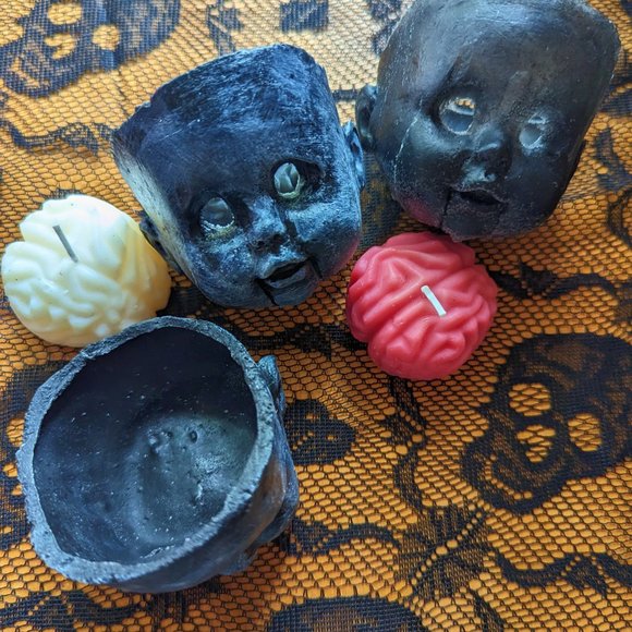 Creepy Baby Doll Head Candle Holder with 3 Brain Candles - Picture 4 of 9
